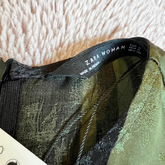 NWT Zara Woman Green & Black Stripe Print Faux Wrap Tie Front Dress - Small - Picture 5 of 15